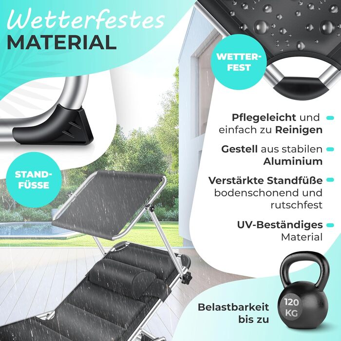 Розкішна шезлонг KESSER Sun з дахом для саду: регульована спинка, зручний матеріал, алюмінієвий каркас, портативна, чорний колір