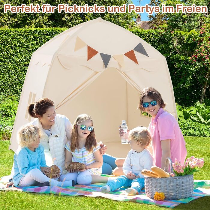 Дитячий ігровий будиночок COSTWAY, намет для дітей з прапорцями та гірляндою, намет принцеси, великий намет для дитячої кімнати для хлопчиків та дівчаток від 3 років, 157 x 98 x 148 см (Бежевий)