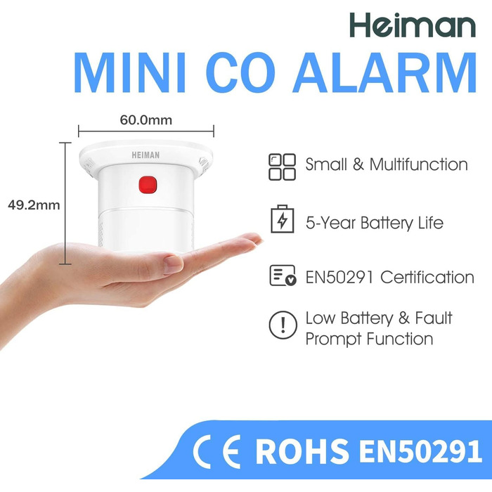 Детектор чадного газу HEIMAN з Wi-Fi, 10 років служби, сумісний з Tuya/SmartLife, EN50291, портативний (HS1CA)