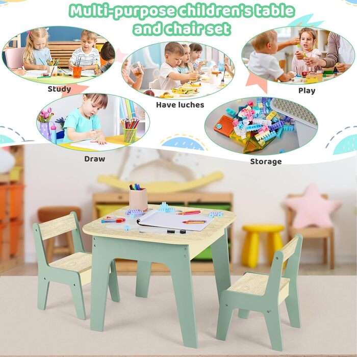 Дитячий стіл Mamizо з 2 стільцями: комплект меблів для дитячої кімнати, стіл для малювання та ігор, зелений