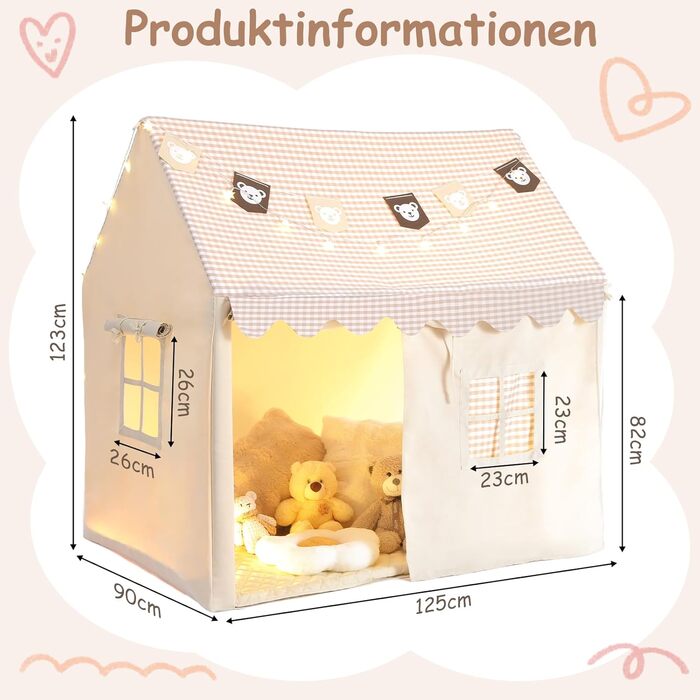 Дитячий намет Mamizо з килимком, прапорцями та світлом, зручний та дихаючий. Ігровий будиночок для дітей, намет для хлопчиків та дівчаток, 125x90x123 см, бежевий колір.