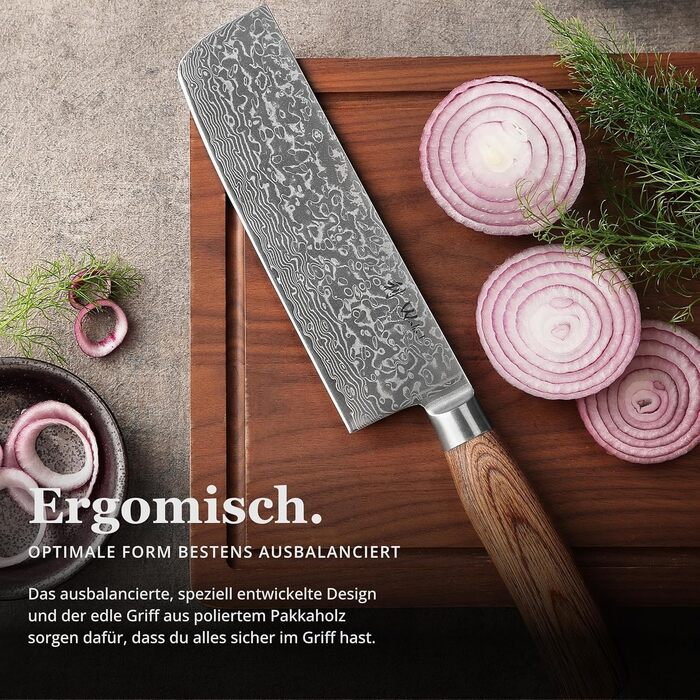 Японський ніж Wakoli EDIB Pro Nakiri з дамаської сталі (серцевина VG10), 18 см - гострий, точний та ергономічний. Ніж з ручкою з паккавуду в подарунковій коробці - для овочів та зелені, срібний.