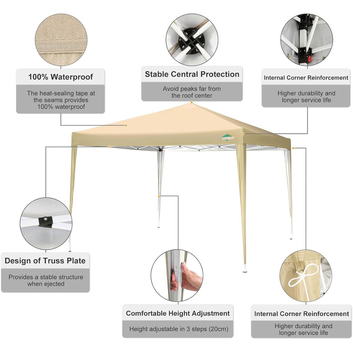 Альтанка COBIZI 3x3 водонепроникна стабільна зимонепроникна 3x3 м висувна альтанка складна з 4 бічними стінками Захист від ультрафіолету 50 Marquee Garden Альтанка з 4 мішками з піском Намет з навісом для садових вечірок з сумкою (3 x 3 м, хакі)