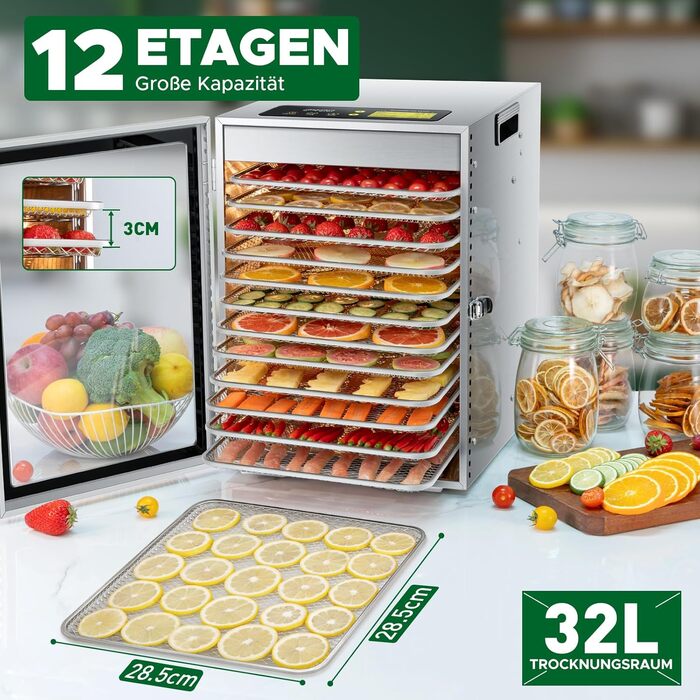 Електрична сушарка для продуктів Kwasyo з нержавіючої сталі, 12 ярусів, 30-90°C, таймер 24 год