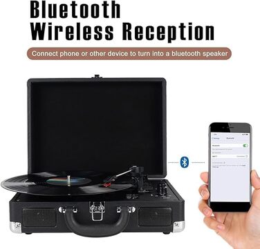 Вініловий програвач Bluetooth Vintage, 3 швидкості 33/45/78 об/хв, вбудовані стереодинаміки, RCA та AUX-вхід, чорний