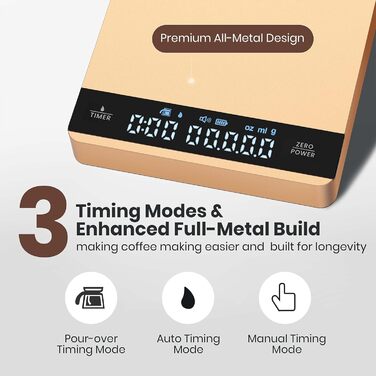Ваги для кави Maestri House Mini з таймером, 2 кг/0,1 г, для еспресо та Pour-Over, портативні, цифрові, з автоматичним вимірюванням часу (Золото)