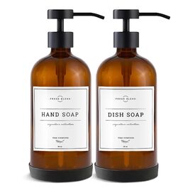 Набір дозаторів для мила на кухню та у ванну кімнату, 2 шт. з нержавіючою сталею, скляні флакони 475 мл, з водонепроникними етикетками