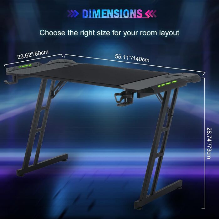 Ігровий стіл 120x60 см з LED Z-подрофкою, карбоновим покриттям, тримачем для напоїв та гачком для навушників. Стабільний та ергономічний стіл для геймерів та офісу.