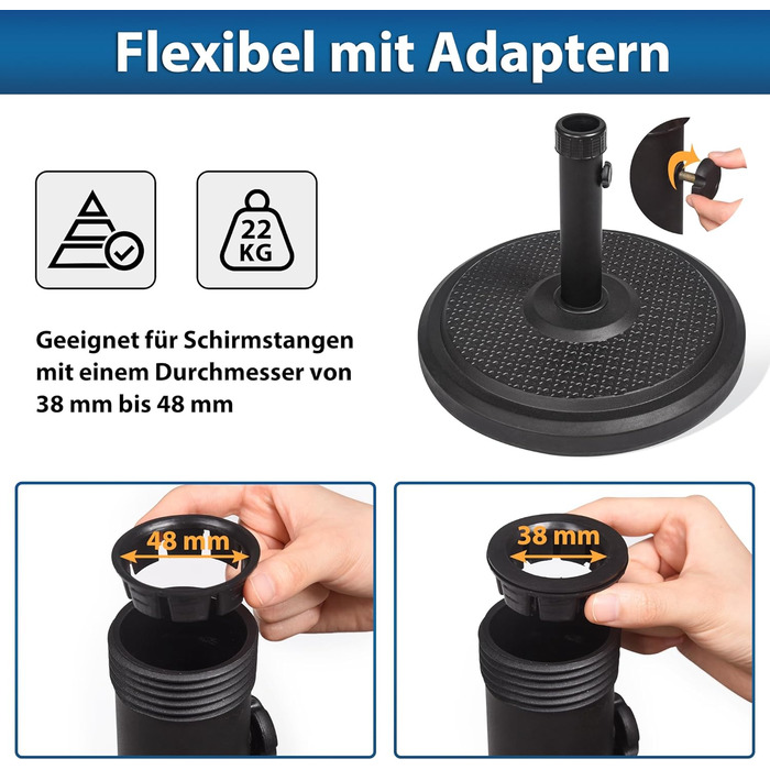 Підставка для парасольки Paramondo, кругла, з полімерного бетону, для масту до Ø 50 мм, з адаптерними втулками (чорна)