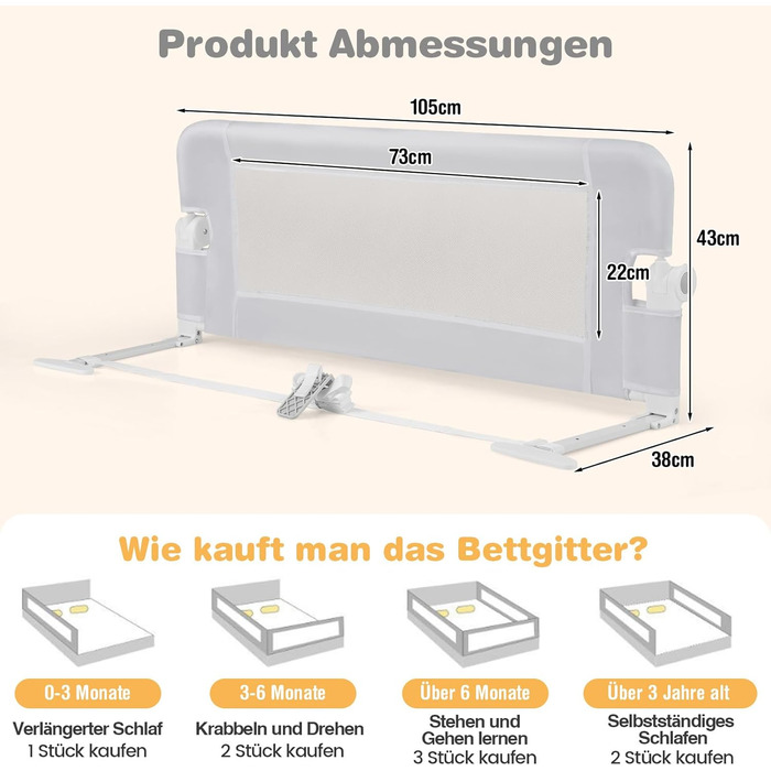 Бортик для ліжка COSTWAY складаний, захисний бар'єр для дитячого ліжка та ліжка для батьків 105x42 см (Сірий/Білий)