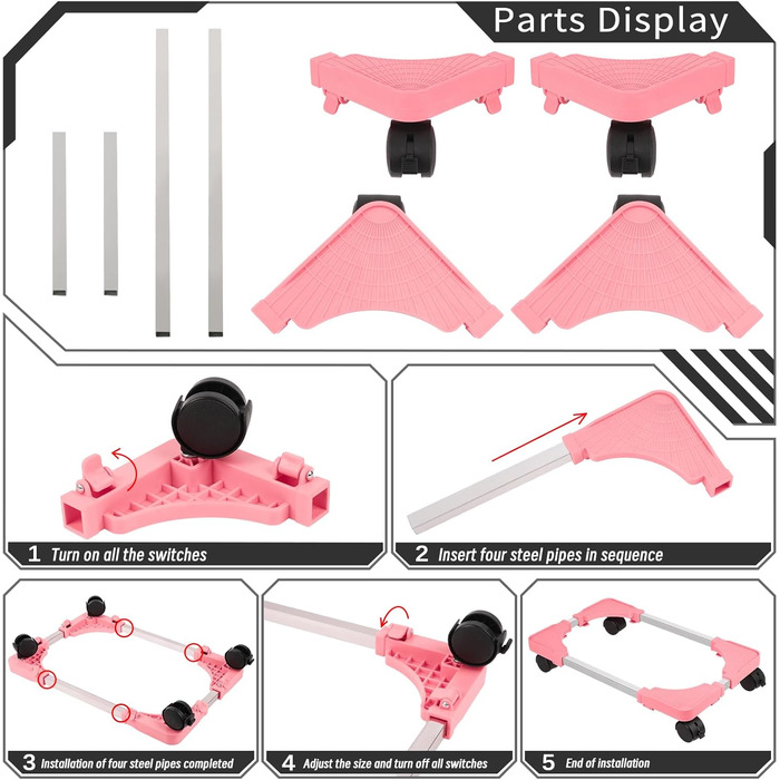 Підставка для ПК Liitrton Mobiler, регульована, на коліщатках, для більшості комп'ютерів (білий, рожевий)