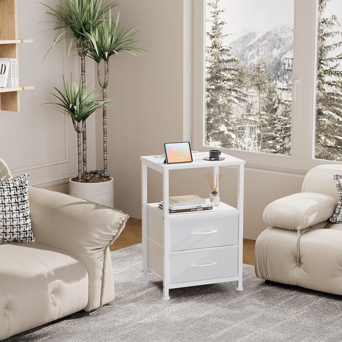 Нічний столик з LED-підсвіткою та функцією зарядки, з шухлядою, 3 розетки AC та USB, для вітальні/спальні (40T x 30B x 60H cm, Білий)