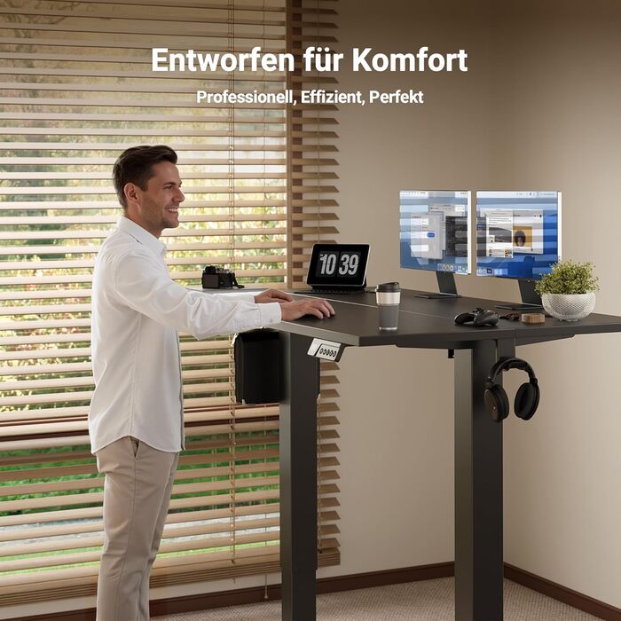 Електричний регульований стіл Claiks 120x60 см з пам'яттю, з гачками, чорний