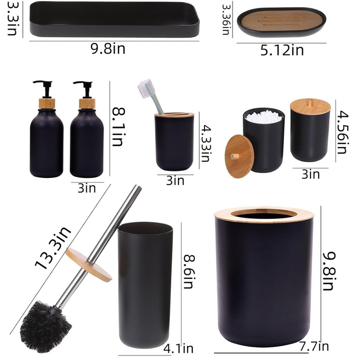 Набір аксесуарів для ванної кімнати, 9 шт., бамбук, матовий чорний: смітник, дозатор мила, тримач для зубних щіток, щітка для унітазу, контейнер для ватних паличок, підставка для косметики, мильниця