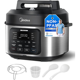 Мультиварка Midea 9-в-1, 6л, 12 функцій, електроскороварка (приготування на повільній варці, рисоварка, су-від, випічка), 70% швидше, нержавіюча сталь з покриттям, чорний