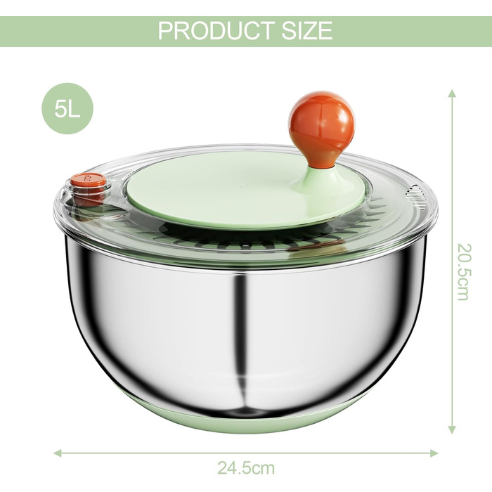 Швидка салатниця-швидкообертач з нержавіючої сталі з кришкою, для миття та сушіння овочів та фруктів