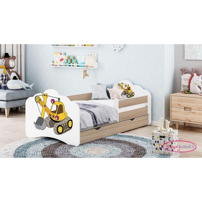 Дитяче ліжечко Happy Babies MOBI 160 x 80 Дитяче ліжко із захистом від падіння та ящиком для зберігання Молодіжне ліжко з кольоровою наклейкою Дитяче ліжечко з матрацом 80x160 Дитяче ліжко для дівчинки хлопчиків Дуб сонома (М21)