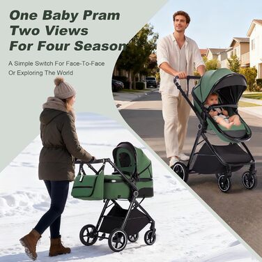 Дитяча коляска 3-в-1 | Комбінована коляска з автокріслом | Візок з регульованою ручкою | Алюмінієвий каркас | Москітна сітка | для новонароджених 0-4 роки, Зелений