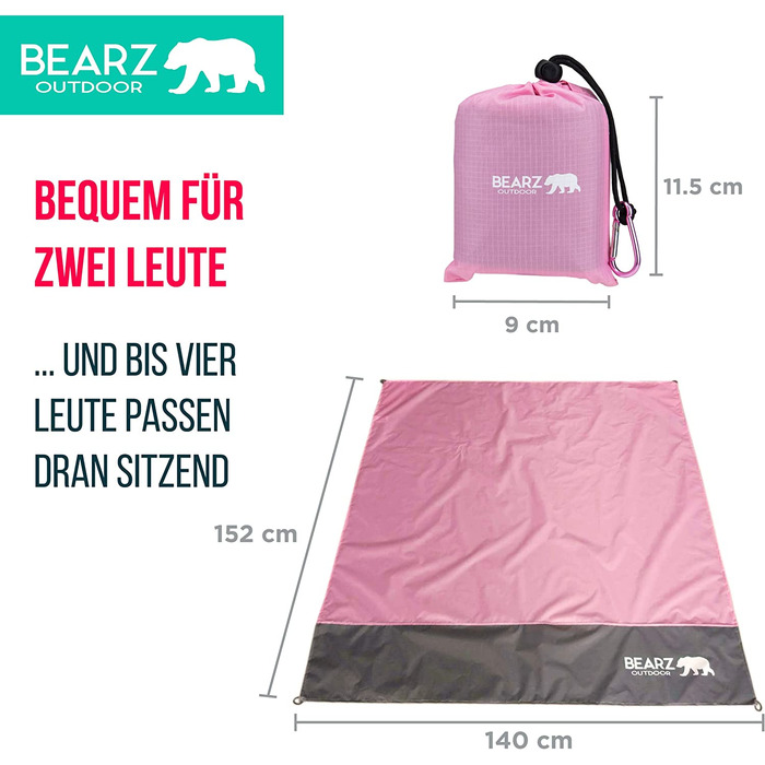 Ковдра на відкритому повітрі BEARZ, компактна водонепроникна ковдра для пікніка-надлегкий килимок для сидіння на відкритому повітрі, пляжна ковдра без піску, невелика ковдра для кемпінгу-святкові, туристичні та туристичні аксесуари (рожевий)