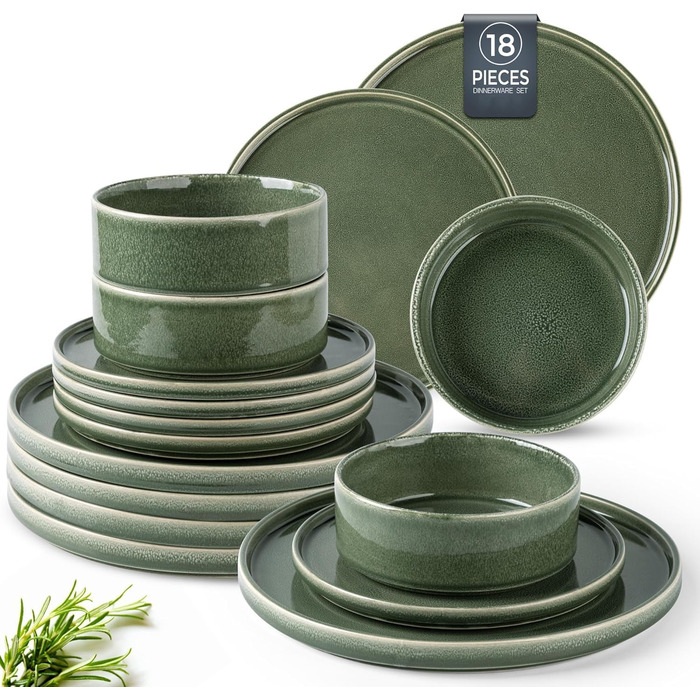 Сервіз GBHOME 4 шт. з кераміки, круглі тарілки та миски з реактивним склом, надзвичайно стійкий до сколів та тріщин, придатний для миття в посудомийній машині та використання в мікрохвильовій печі, матовий чорний оливковий зелений (12 шт.), Сервіз для 4 (