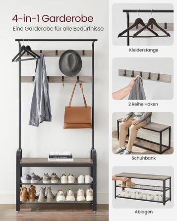 Стійка для одягу VASAGLE з полицею для взуття, 4-в-1, 9 знімних гачків, штанга для одягу, для передпокою, 33.7 x 72 x 183 см, індустріальний дизайн, горіхово-чорний колір