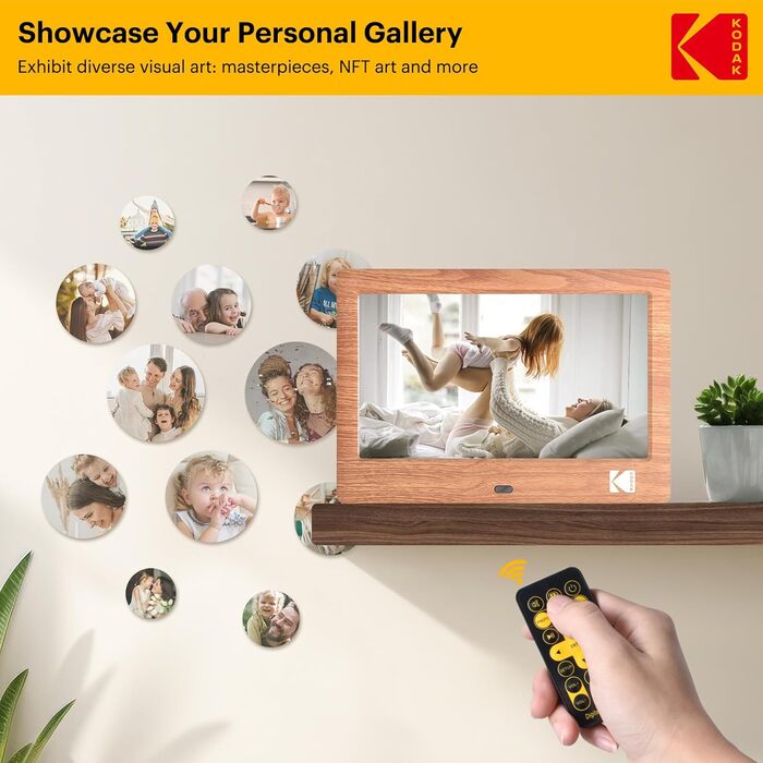 Цифровий фотоальбом Kodak 7 дюймів з IPS екраном, підтримка USB/SD, відтворення фото/музики/відео, календар, будильник, з пультом керування (дерево)