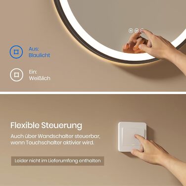 Дзеркало для ванної кімнати EMKE з підсвічуванням, діаметр 50 см, чорний каркас, регульована яскравість, 3 кольори світла, антизапар, сенсорне керування, функція пам'яті