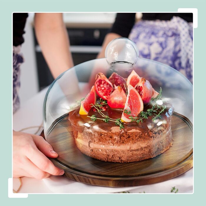 Таця Relaxdays з кришкою, скляна, для тортів та закусок, зберігає свіжість, 16x28 см, дерев'яна (акація)