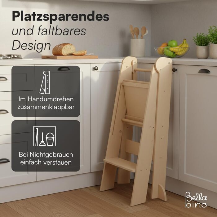 Bellabino Tay: Навчальний столик-лесенка для дітей від 1 року - Білий, регульований, Монтессорі, з захистом від перекидання, з натурального дерева, для безпечного самостійного навчання