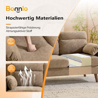 Диван Bonnlo 2-місний, компактний, 125 см, тканинний, з м'якими підлокітниками, для офісу, вітальні, спальні, кабінету, легка збірка, льон, коричневий
