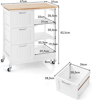 Візок для кухні COSTWAY, 2 яруси, 3 ящики, рулонний, гумовий, 67x37x82.5 см, білий