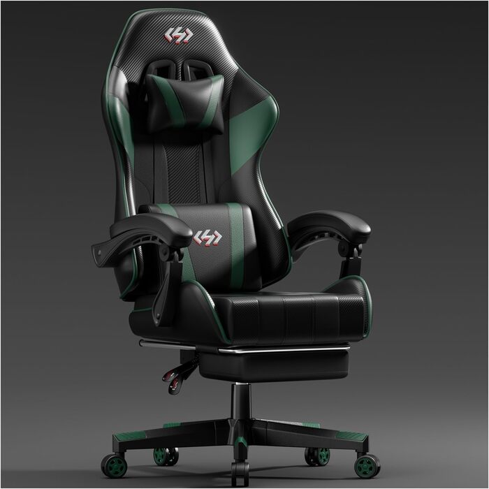 HLONONE Ігровий крісло, ергономічний геймерський крісло з кишеньковим пружинним матрацом, гоночний крісло для геймерів з підніжкою, підтримкою попереку, регульоване офісне крісло, вантажопідйомність 150 кг, PC крісло (Чорний-зелений)