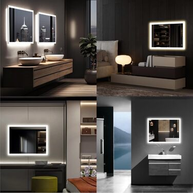 LED дзеркало для ванної кімнати 80x60 см з підсвічуванням, 3 кольори світла, регулювання яскравості, антизапарник, сенсорне керування, пам'ять, IP44, вологостійке, 6500K