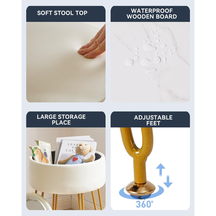 Пуф з м'якою оббивкою та місцем для зберігання IBUYKE, білий, з металевими ніжками, знімний чохол