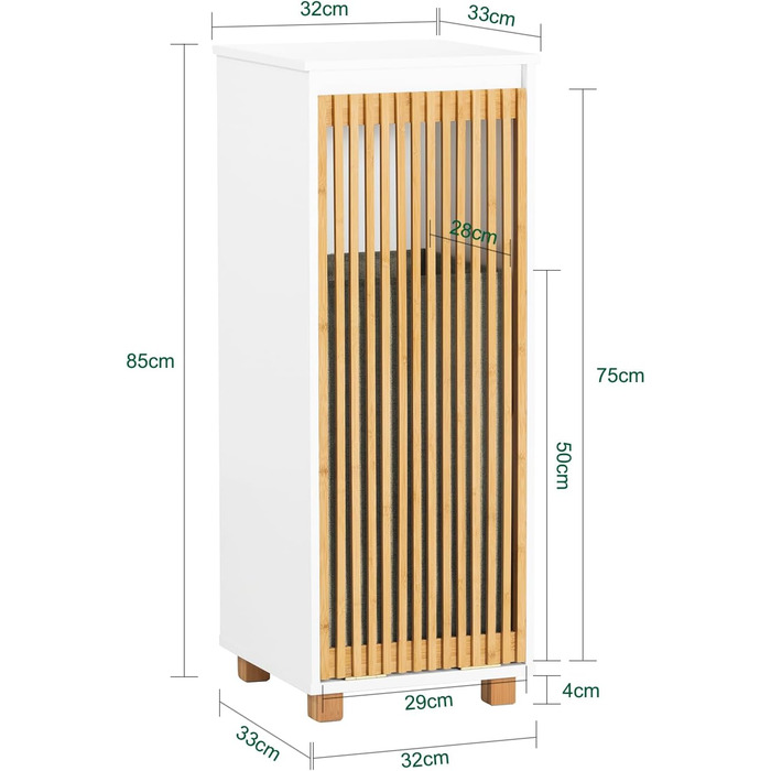 Тумбочка у ванну кімнату SoBuy, вузька, 33x165x33 см, з бамбуковими дверцятами, білий колір, для зберігання речей