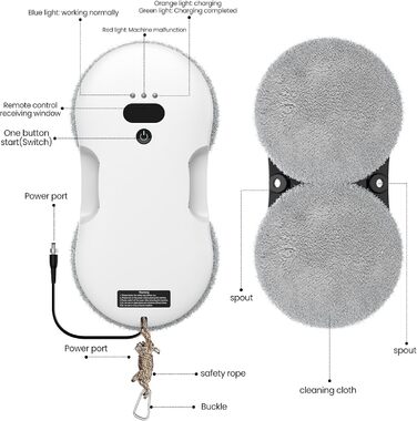 Робот для миття вікон з автоматичним струменем води, 5600 Па, автоматичний мийник вікон, інтелектуальна навігація, пульт дистанційного керування, для гладких поверхонь, з 10 ганчірками для миття (E 2800pa)