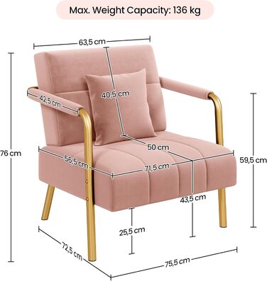 Yaheetech м'яке диван з підлокітниками та металевими ніжками, сучасний двомісний диван з 2 подушками для попереку, Loveseat для вітальні/спальні (75,5 см ширини, Рожевий)