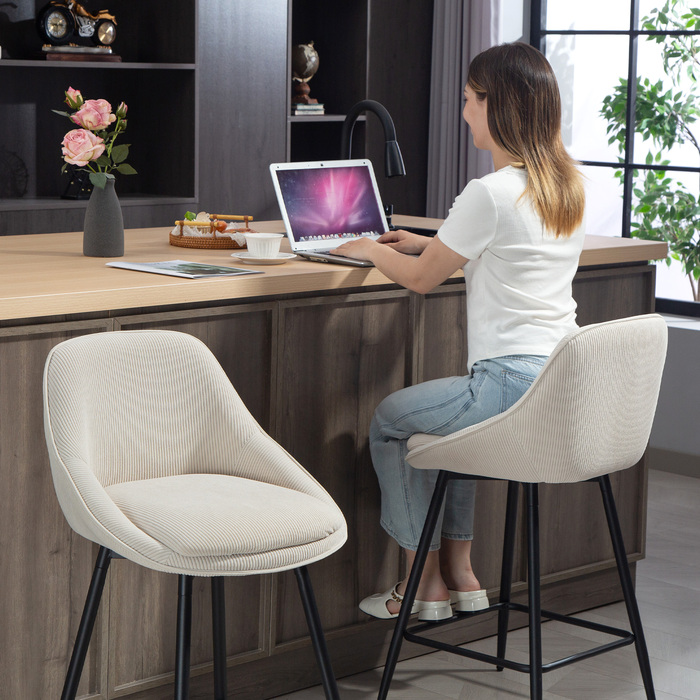 Набір з 2 барних стільців з велюровою оббивкою та сталевими ніжками, м'які стільці для кухонного острова, їдальні, кремовий колір