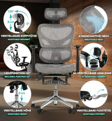 Офісне крісло Sesto Senso K80G Grey - ергономічне, з підніжкою, регульованою спинкою та підлокітниками