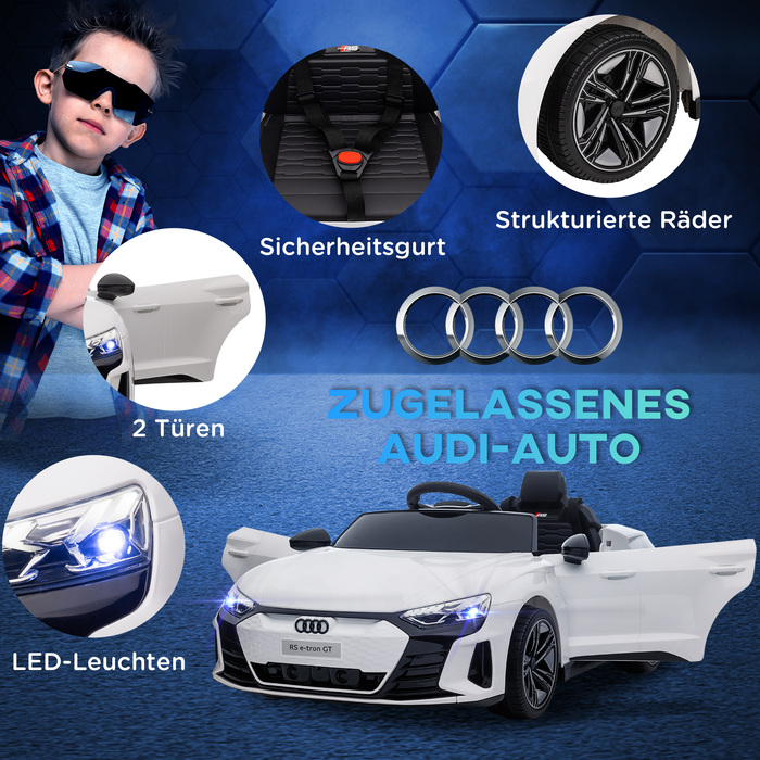 Дитячий електромобіль Audi RS e-tron GT з ременем безпеки, пультом дистанційного керування, фарами, музичною функцією, білий колір, розміри 103 x 58 x 41 см