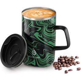 Кружка для кави та чаю Ideus® 470 мл (16 oz) з подвійними стінками, з нержавіючої сталі, з нековзним ручним тримачем та кришкою-відкидним модулем, великий об'єм (Червоний Зебра) (Зелений Зебра)