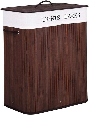 Кошик для білизни Bakaji з двома відділеннями для сортування світлого та темного одягу, бамбук та тканина, складний, з кришкою та ручками