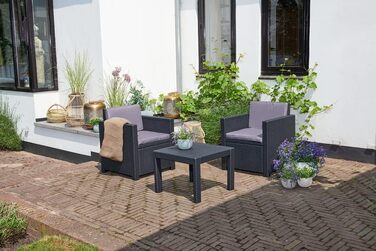 Набір меблів для балкона Allibert Victoria, графіт/cool grey, 3 шт., з подушками для сидіння та спинки, пластик, імітація ротангу, графіт/сірий