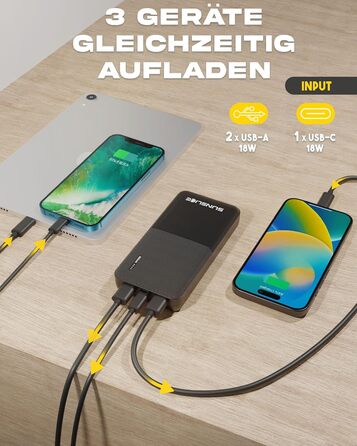 Зовнішній акумулятор 10000 мАг, USB-C і 2 шт. USB-A, швидка зарядка 18 Вт (2023 р.), 10 -