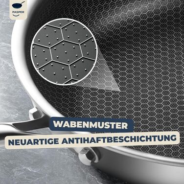 Пательня Pasper Ø 24 см – без PFAS, PTFE та PFOA – для індукційних, електричних, керамічних, газових плит та духовки – нержавіюча сталь з антипригарним покриттям у вигляді стільникового малюнку, придатна для миття в посудомийній машині