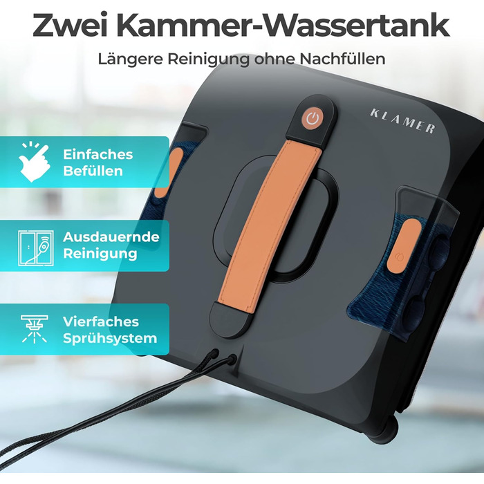 Робот-прибиральник вікон KLAMER 3500 Pa – автоматичний мийник вікон з резервуаром для води 100 мл, функція вологого прибирання, розпізнавання країв, тиха робота 60 дБ, захист від падіння та інтелектуальне планування маршруту (Чорний)