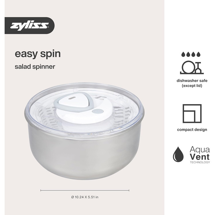 Салатниця Zyliss Easy Spin 2 з відцентровою технологією Aquavent, 6л, нержавіюча сталь, біла