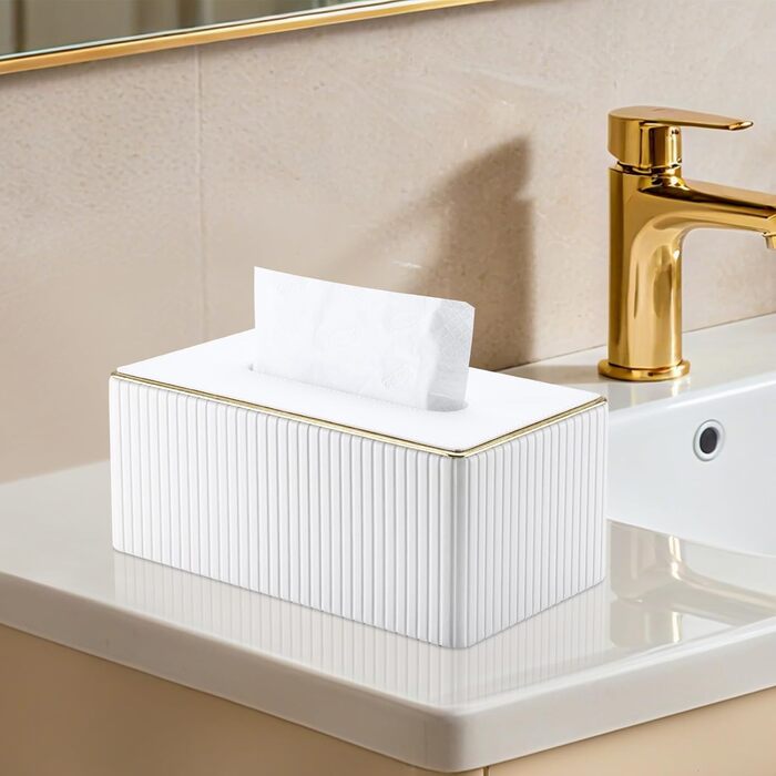 Скляниця для серветок KingFOM з золотим обідком, шкіра PU, для вітальні, ванної кімнати та офісу (біла, прямокутна)