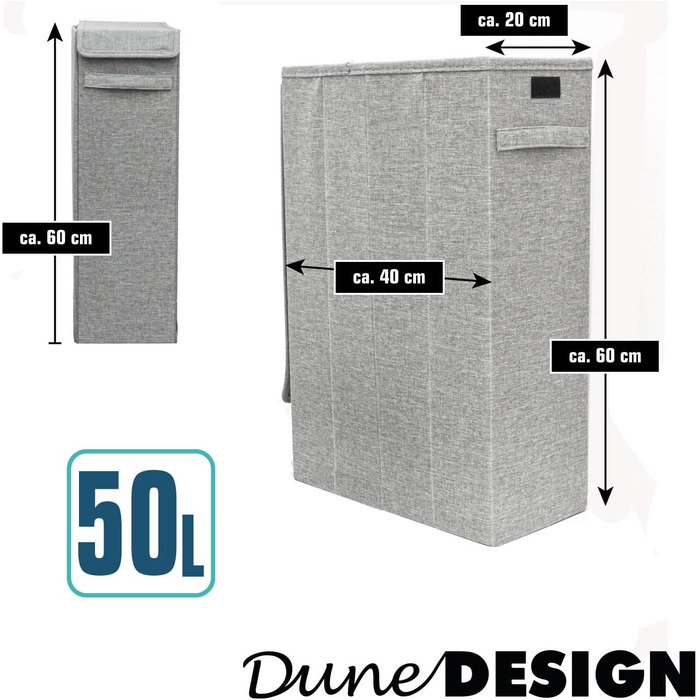 Вузький кошик для білизни DuneDesign 50 л з колесами та кришкою, дерев'яний каркас, сірий, 20x40x60 см