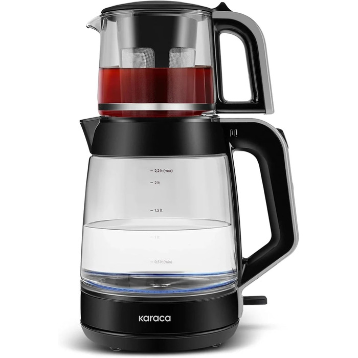 Чайник-заварник електричний Karaca Glass XL 2 в 1, чорний, 0.9л/2.2л, LED, 360°
